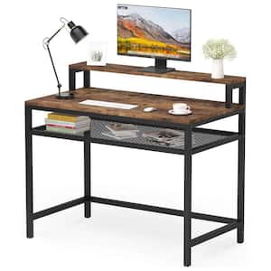 Moronia 39 in. Rectangle Brown&Black Engineered Wood Computer Desk, Office Desk with Monitor Shelf and Mesh Shelf