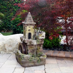 35 in. Tall Outdoor Fairy Castle Waterwheel Tiered Fountain Yard Art decoration