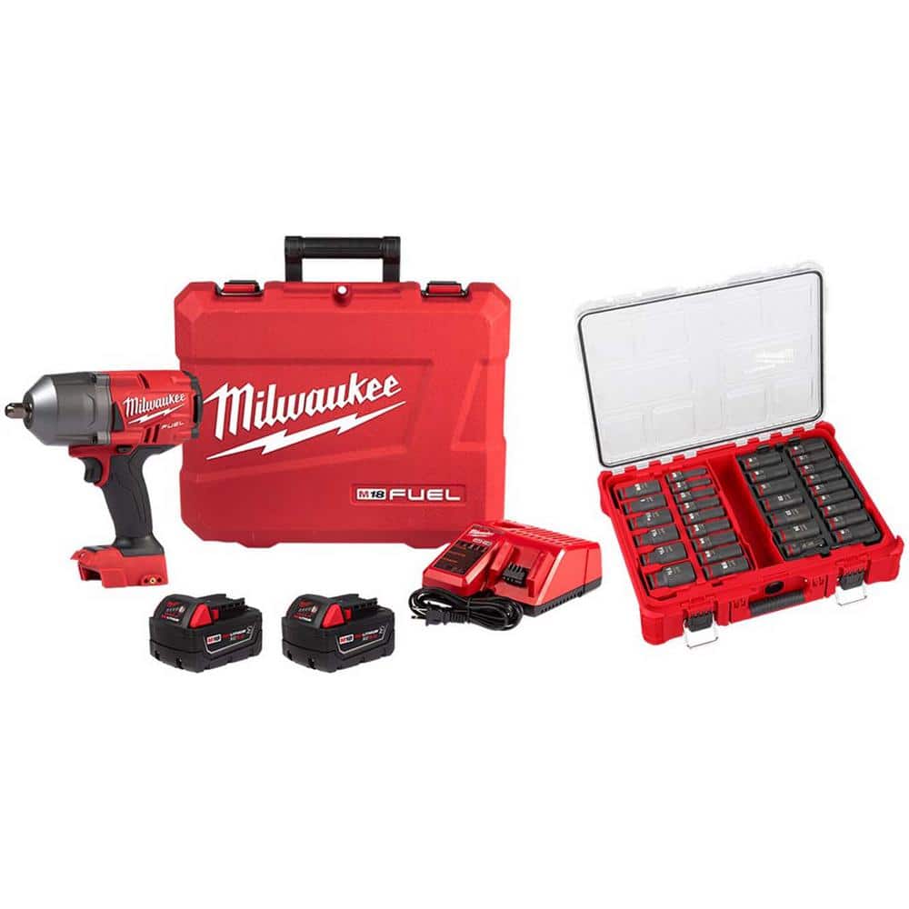 Milwaukee M18 FUEL 18V Lithium-Ion Brushless Cordless 1/2 in. High-Torque Impact Wrench PD Kit w/PO SAE Metric Socket Set 31-Piece