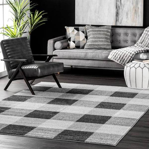 Aisha Buffalo Plaid Grey 6 ft. x 6 ft. Indoor Round Area Rug