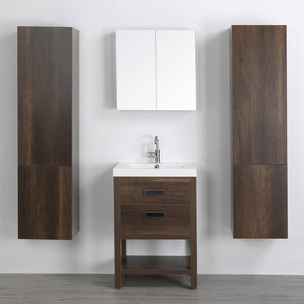 Streamline 23.6 in. W x 32.4 in. H Bath Vanity in Brown with Resin Vanity Top in White with White Basin and Mirror