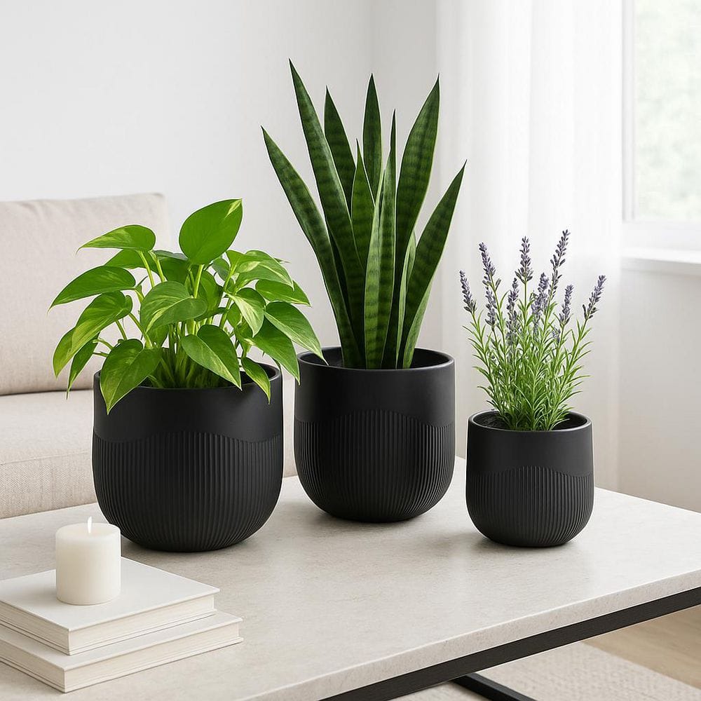 Liv & Skye 11 in. 14 in. and 18 in. Matte Black Resin Wavy Ribbing ...