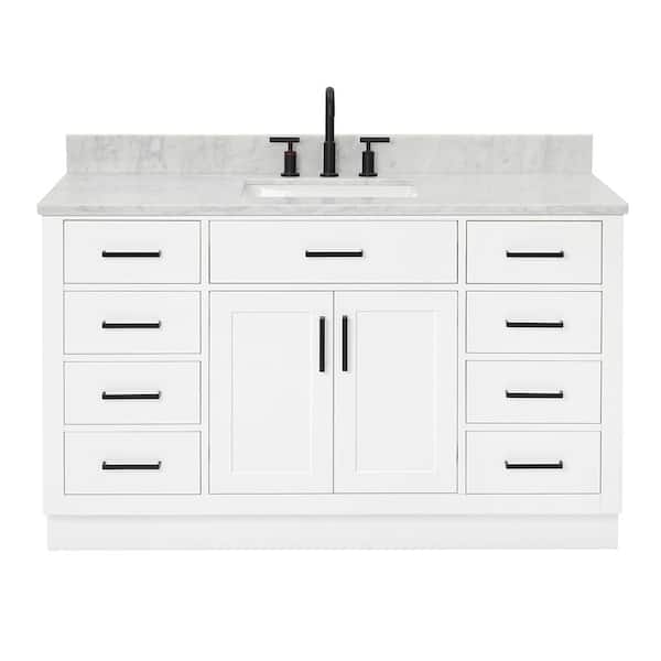 Hepburn 55 in. W x 22 in. D x 35.25 in. H Bath Vanity in White with Carrara Marble Vanity Top in White with White Basin