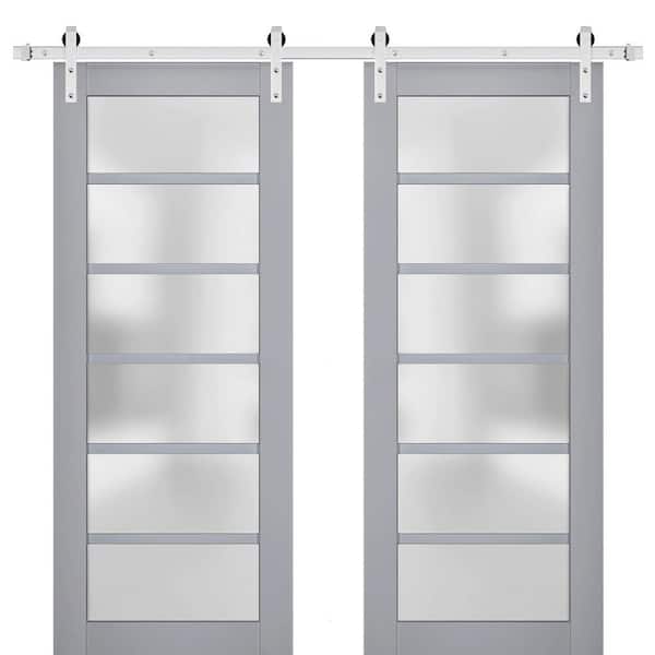 32 in. x 84 in. 2 Panel Frosted Glass Matte Grey Solid Wood Sliding Barn Door with Hardware Kit