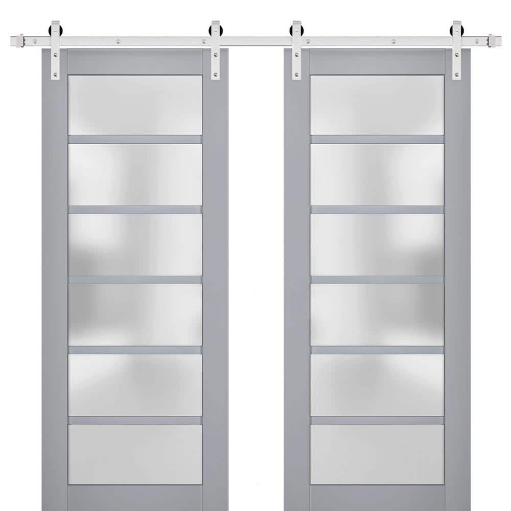 Assemble Required 42 in. x 80 in. 2-Panel Frosted Glass Matte Grey Solid Wood Sliding Barn Door with Hardware Kit price history on PriceWatchPro