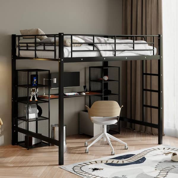 Qualler Black Full Size Metal Loft Bed with Built-in Desk and Ladder