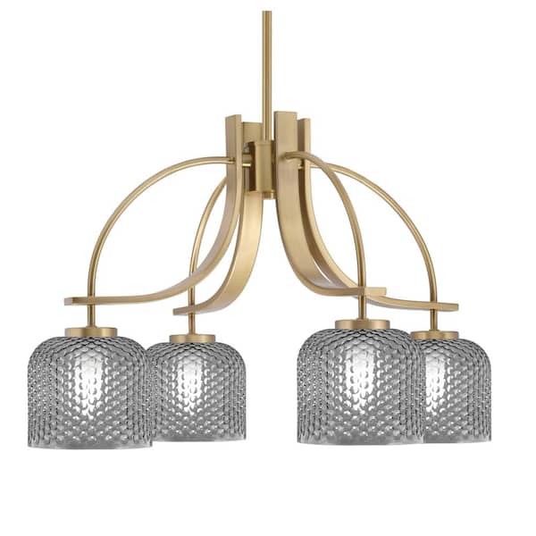Lighting Theory Olympia 16.25 in. 4-Light New Age Brass Downlight Chandelier Smoke Textured Glass Shade