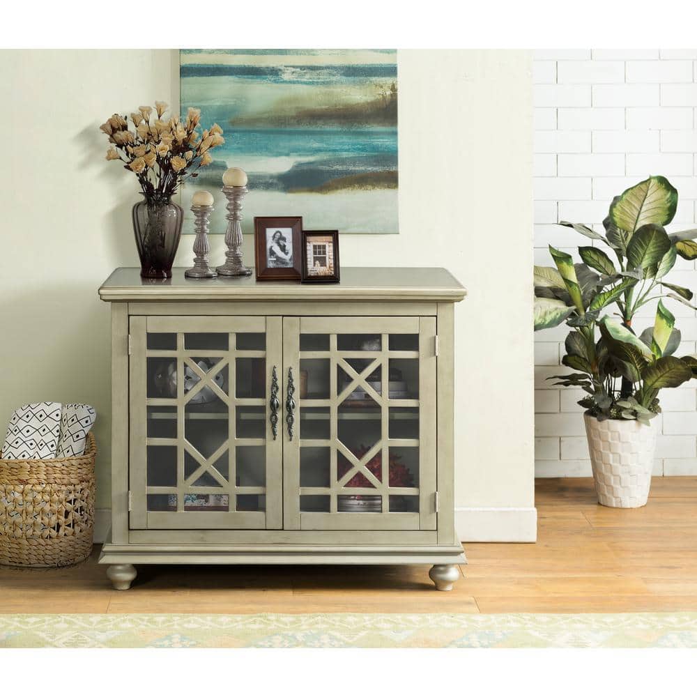 Parisian Antique Market Inspired 38" TV Stand with Trellis Glass Doors, Antique Silver