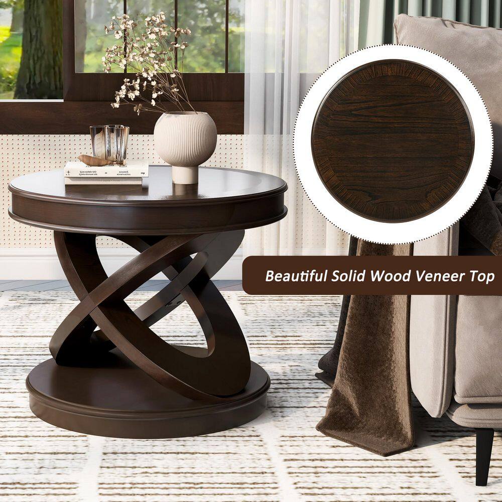 Liam 22 in. Walnut Round MDF and Solid Wood Veneer End Table, Side Table with X-Shaped Base - thumbnail 7