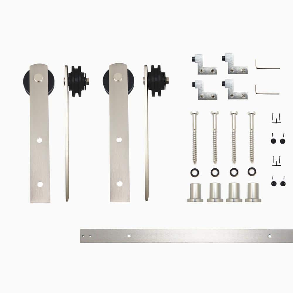 Brushed Nickel Double Barn Door Hardware Kit with Flat Track