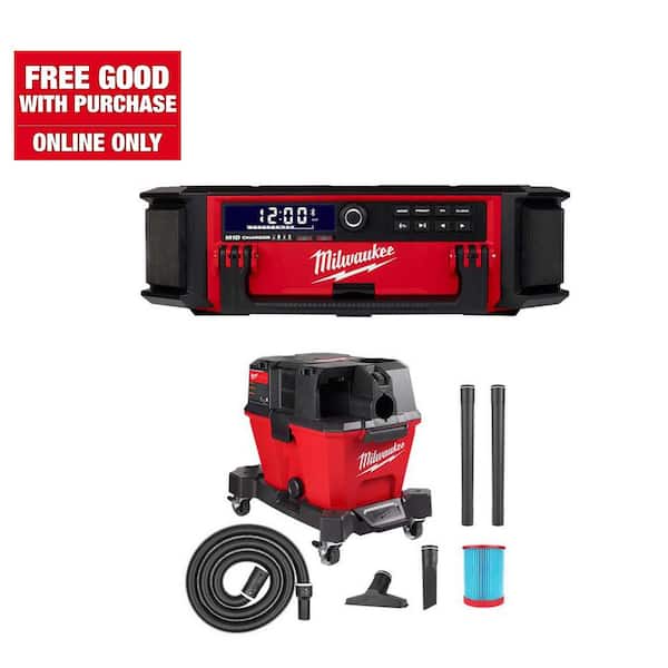 Milwaukee M18 18V Lithium-Ion Cordless PACKOUT Radio/Speaker with Built-In Charger W/M18 FUEL 6 Gal. Cordless Wet/Dry Shop Vac