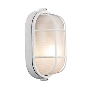 Aria 8.25 in. 1-Light White Oval Bulkhead Outdoor Wall Light Fixture with Ribbed Glass