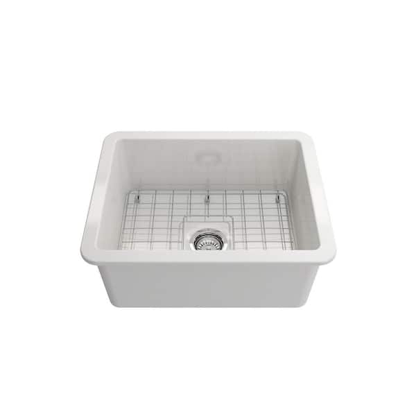 BOCCHI Sotto White Fireclay 24 in. Single Bowl Undermount/Drop-In Kitchen Sink w/Protective Bottom Grid and Strainer