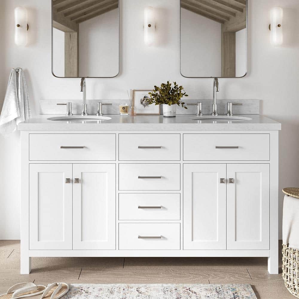 Bristol 60 in. Double Sink Freestanding Bathroom Vanity in White with Carrara White Marble Top price history on PriceWatchPro
