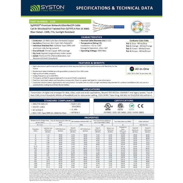 50 ft. Blue 22 AWG Solid Copper Cat8 SySPEED Premium Plus S/FTP Bulk Ethernet Cable (4-Pair)