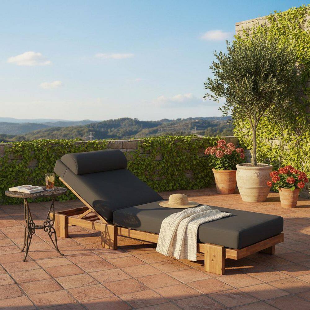 1-Piece Brown Wood Outdoor Chaise Lounge with Dark Gray Cushion Adjustable Recliner with Retractable Side Tray price history on PriceWatchPro