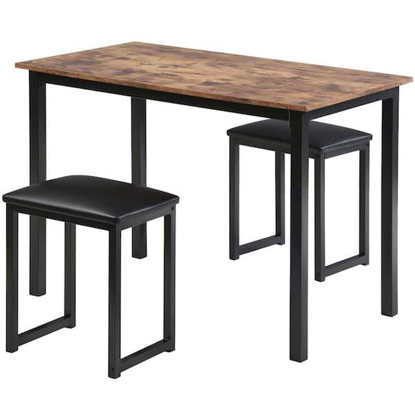 3 Pieces Dining Table Set With Padded Stools 42 Inch Kitchen For Small Space Rustic Brown Hdt109004wr Hd Dining Table Set With Padded Stools, Small High Top Dining Table