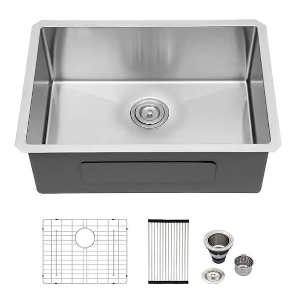 Logmey 26 in. x 18 in. Undermount Single Bowl 16-Gauge Stainless Steel Kitchen Sink with Strainer and Bottom Grid