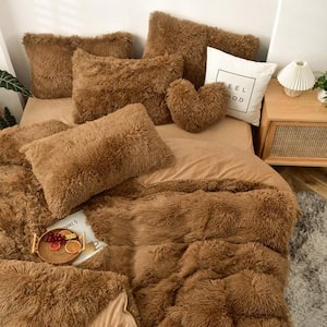 5-Piece Brown Polyester Shaggy Duvet Cover Bedding Set-Fluffy Comforter Cover Long Faux Fur