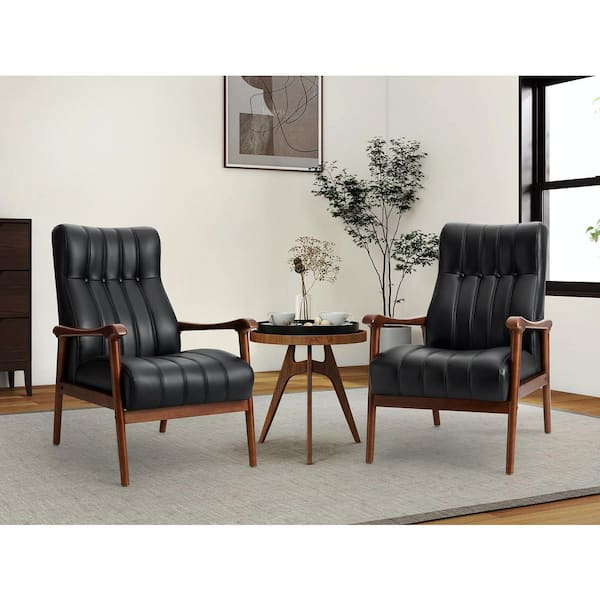 JAYDEN CREATION Raffaele Black Vegan Leather Armchair with Solid Wood Legs (Set of 2)