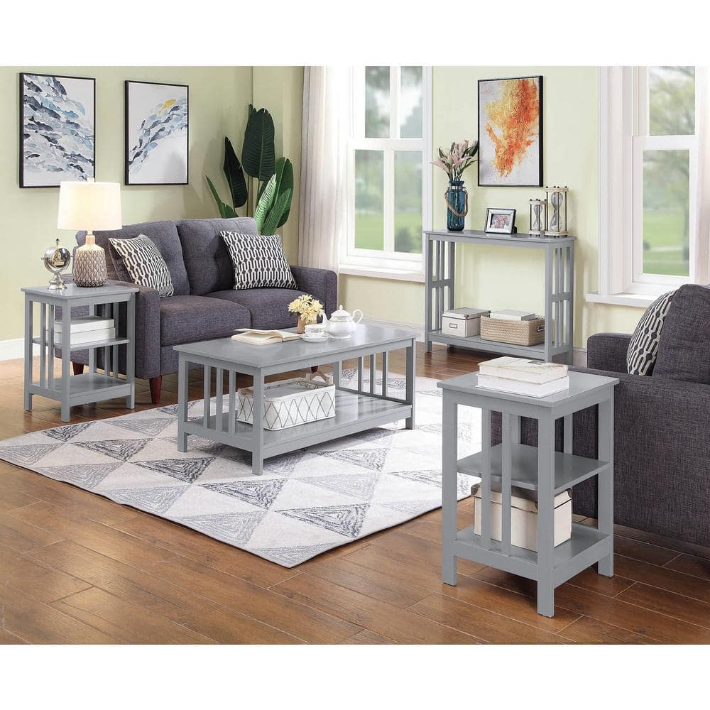 Elegant Gray Mission-Inspired Console Table with Glass Overlay and Storage Shelf