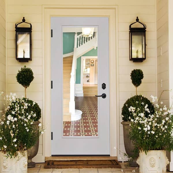 Legacy 28 in. x 80 in. Right-Hand/Outswing Full Lite Clear Glass White Primed Fiberglass Prehung Front Door w/4 in. Jamb