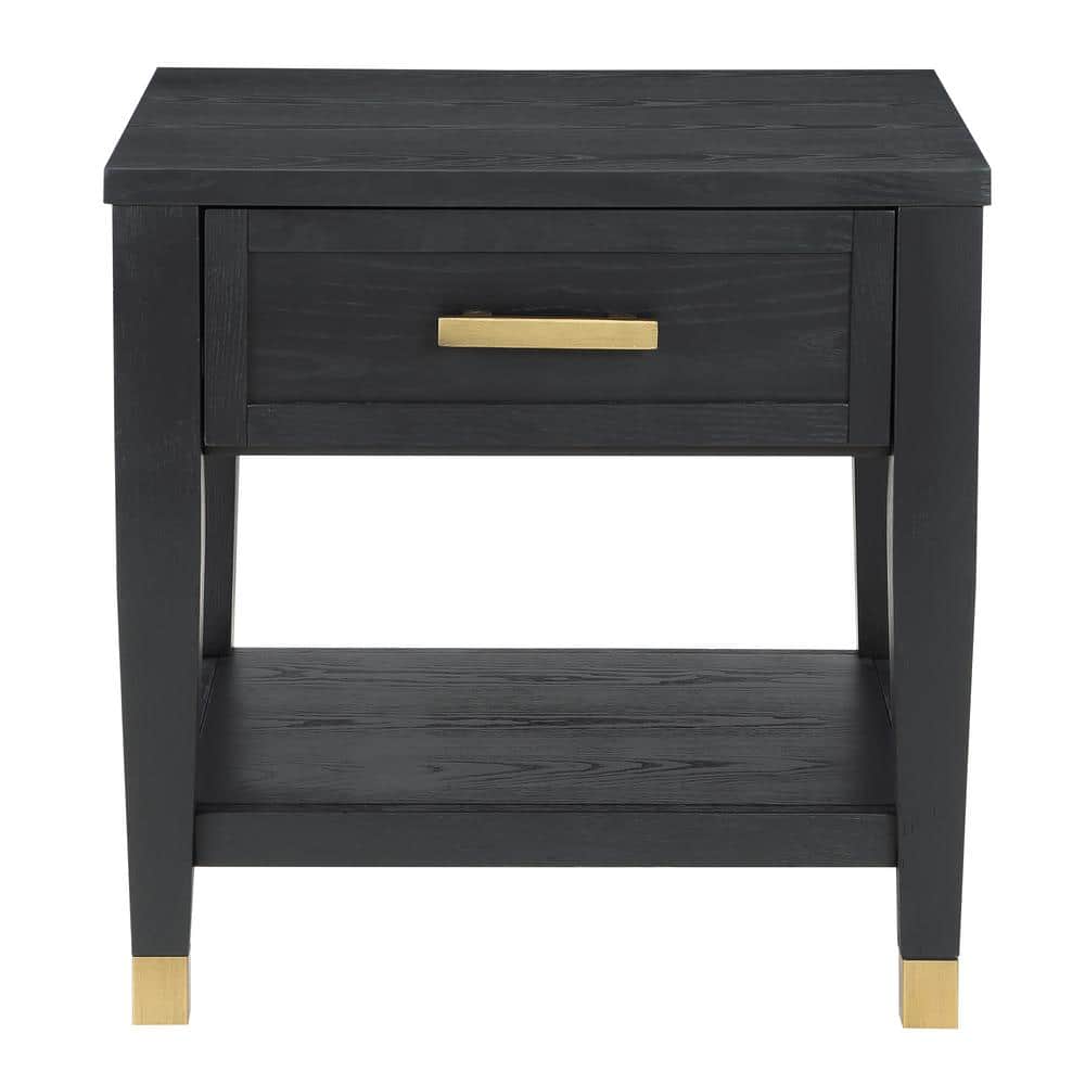 Black and Gold Rectangular Wood End Table with Storage