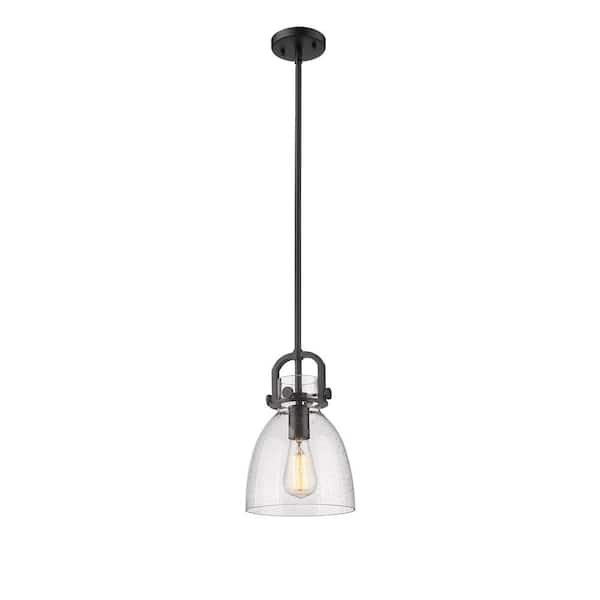 Innovations Newton Bell 100-Watt 1-Light Matte Black Shaded Pendant Light with Seeded Glass Seeded Glass Shade