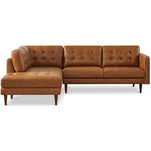 Larissa 102 in. W Square Arm 2-piece L-Shaped Modern Left Facing Top Leather Corner Sectional Sofa in Brown Cognac Tan