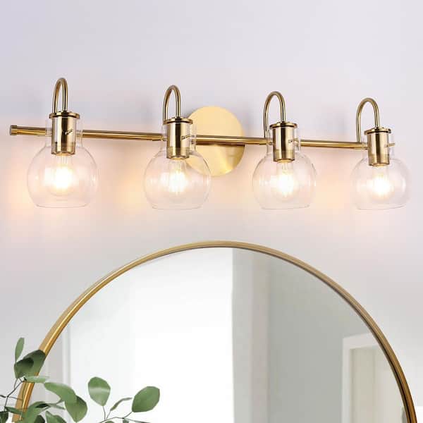 JUSHENG 28.5 in. 4-Light Brass Bathroom Vanity Light with Clear Glass Shade for Bathroom Modern Wall Sconce