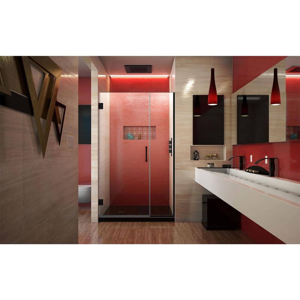 Unidoor Plus Matte Black Frameless Hinged Shower Door with Clear Glass