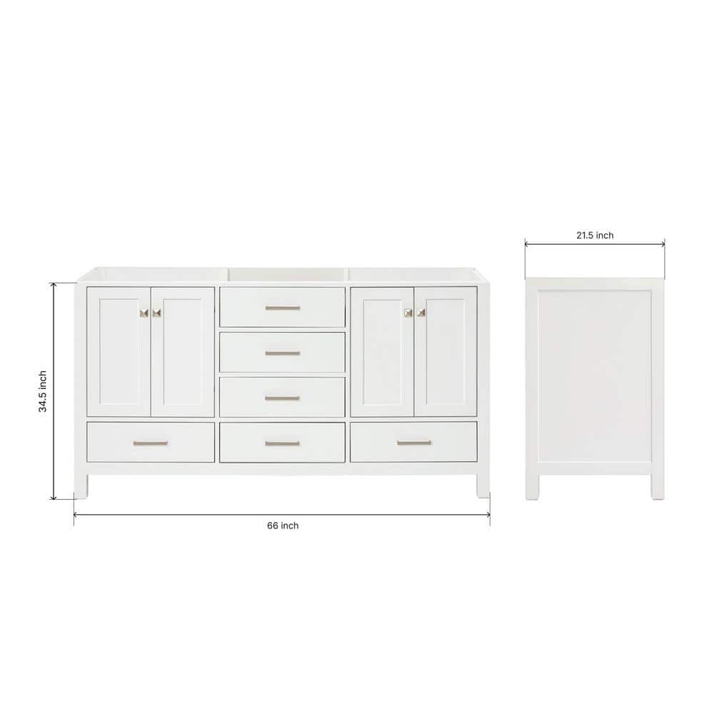 Cambridge 66" White Double Freestanding Vanity Cabinet with Brushed Nickel Hardware
