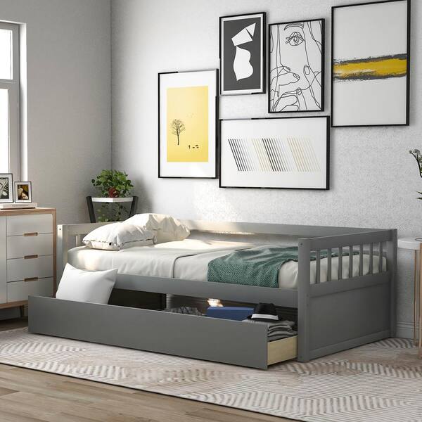 Harper & Bright Designs Gray Twin Size Wood Daybed with Inseparable 2-Drawers