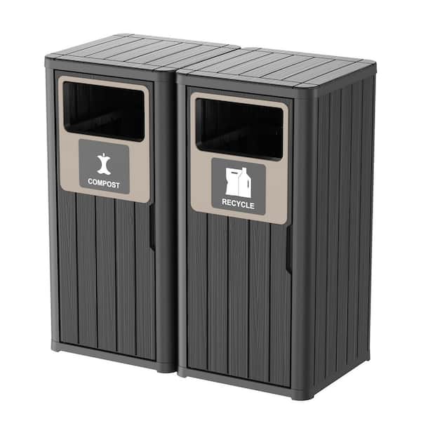 Black 44 Gal. Waterproof Resin Deck Box, All-Weather Outdoor Trash Garbage Can with Waste Labels for Kitchen Patio Deck