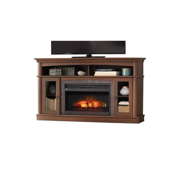 Home Decorators Collection Rinehart 59 in. Console Electric Fireplace in Medium Brown Finish
