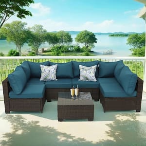 7-Piece Wicker Outdoor Patio Conversation Furniture Seating Set with Peacock Blue Cushions and Pillow
