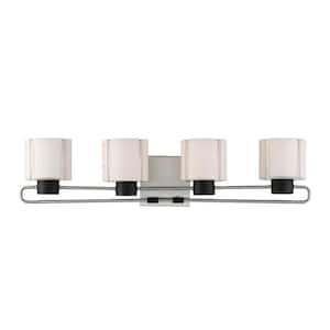 Waverly Plaza 31.75 in. 4-Light Brushed Nickel and Black Vanity Light with Etched Opal Glass Shades