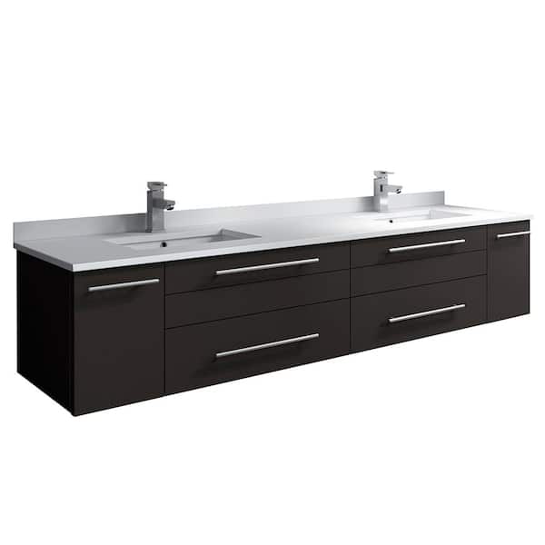 Fresca Lucera 72 in. W Wall Hung Bath Vanity in Espresso with Quartz Stone Double Sink Vanity Top in White with White Basins