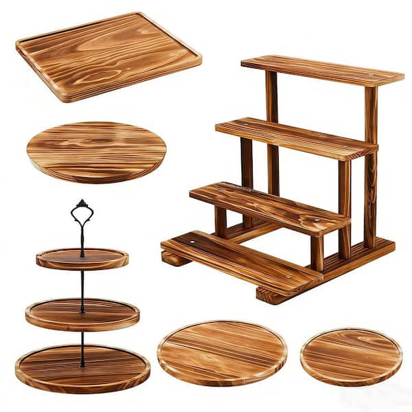 Wood Brown Cake Stands Set of 6, 3-Tier Farmhouse Cupcake Serving Stands with Dessert Trays for Tea Party