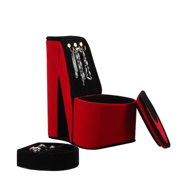 9 in. High Heel Shoe Design Jewelry Box with Hooks, Stylish Storage for Rings and Accessories 3 Mounted Hooks Red Velvet