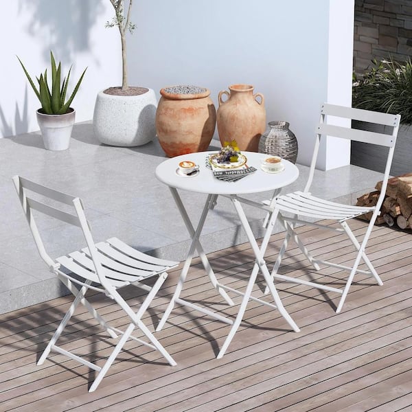 AUTMOON 3-Piece Metal Foldable Bistro Set, All Weather-Resistant Outdoor/Indoor Conversation Set for Patio, Yard, Garden-White