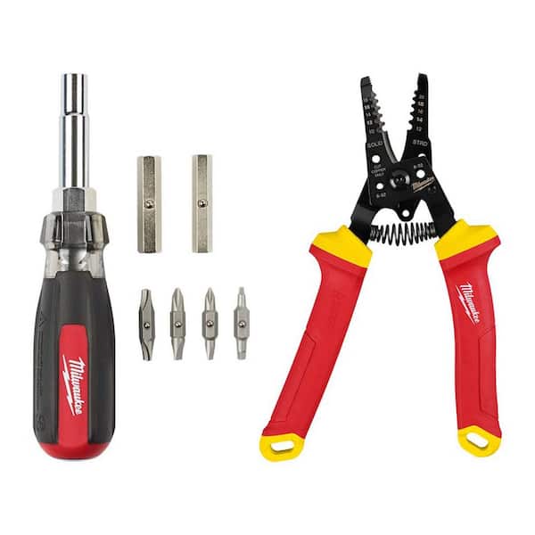 Milwaukee 13-in-1 Multi-Tip Cushion Grip Screwdriver with 1000V Insulated 10-20 AWG Wire Stripper and Cutter (2-Piece)
