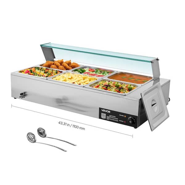 Commercial Electric Food Warmer, 1500W Stainless Steel Steam Table with Glass Lid, Includes 6 Half-Size Pans