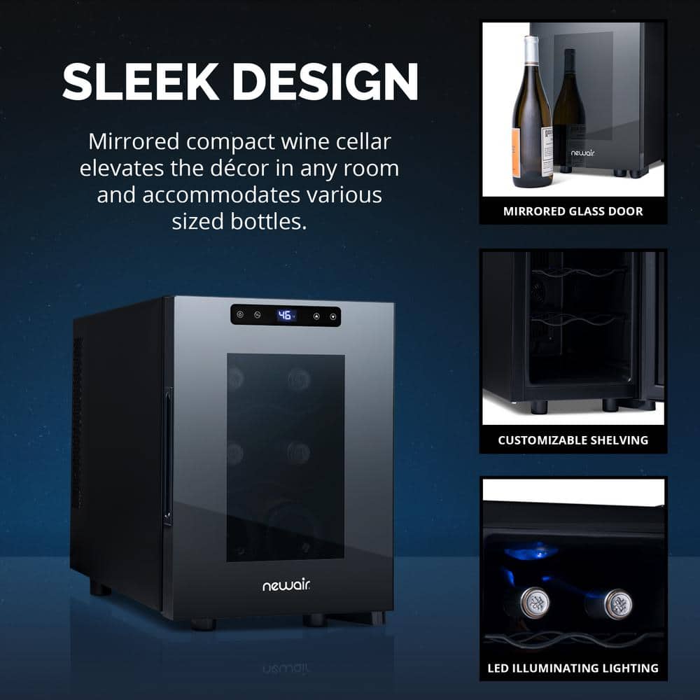 Black Mirrored Glass 6-Bottle Thermoelectric Countertop Wine Cooler