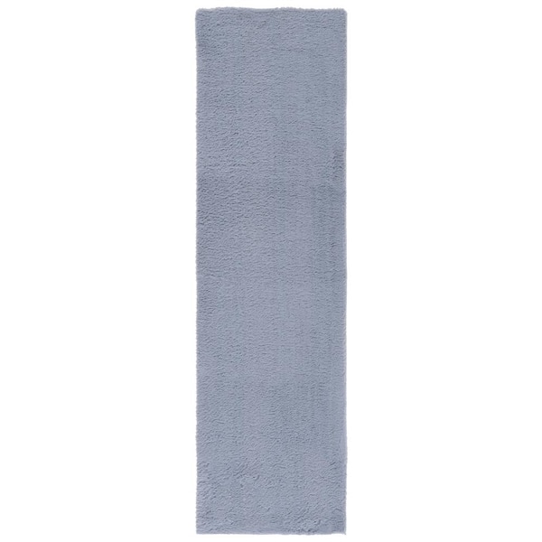SAFAVIEH Faux Rabbit Fur Light Grey/Blue 2 ft. x 8 ft. Machine Washable High Low Solid Color Runner Rug