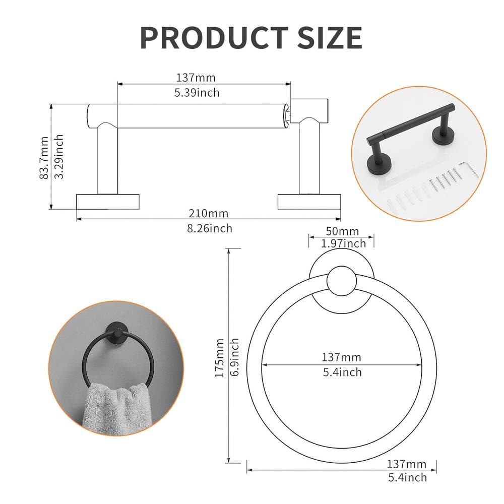 Matte Black 2-Piece Bathroom Hardware Set with Towel Ring