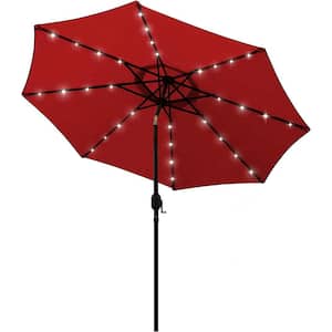 9 ft. Solar Umbrella 32 LED Lighting Patio Umbrella Table Market Umbrella with Tilt and Crank Outdoor Umbrella in Red