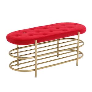 Red Velvet Upholstered Bedroom Bench with 2-tier Shoe Shelf Space-Saving Button Tufted Shoe Changing Stool