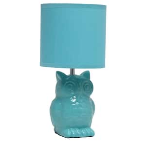 12.8 in. Tiffany Blue Tall Contemporary Ceramic Owl Bedside Table Desk Lamp with Matching Fabric Shade