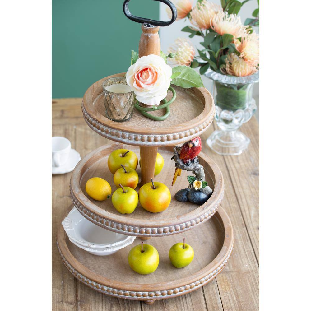Antique Whitewash 3-Tier Wooden Serving Tray with Metal Handle